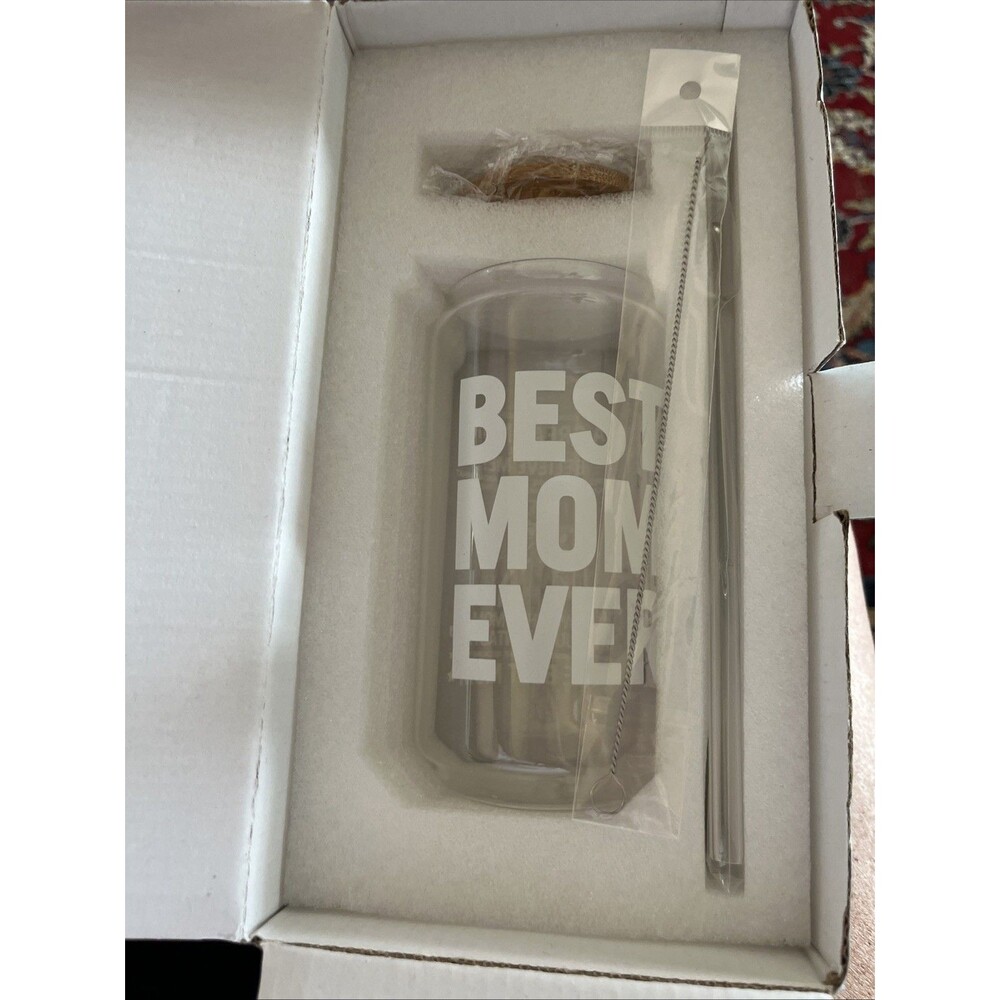 16 oz Clear Glass Cup with Bamboo Lid & glass Straw, "Best Mom Ever" Gift